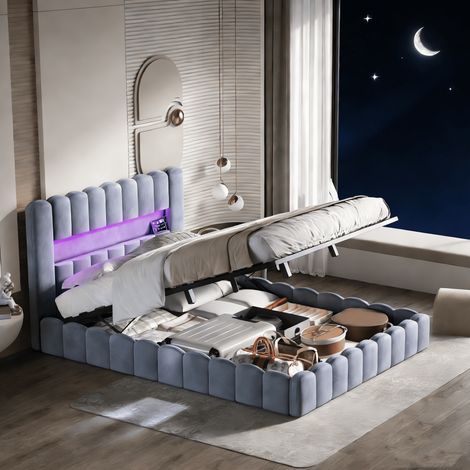 Cama matrimoniales 180x200 con con almacenamiento, cama para adultos, cama tapizada, con iluminación LED ajustable, USB + Tipo C, terciopelo, gris (1/5)