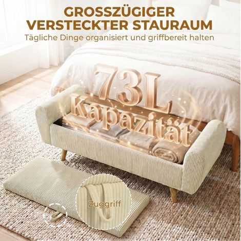 Banc de rangement beige en velours côtelé avec pieds en bois et accoudoirs arrondis (1/5)