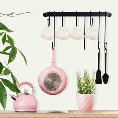 Support mural pour casseroles de 40 cm avec 8 crochets, étagère porte-ustensiles de cuisine avec adhésif puissant, pour casser (1/5)