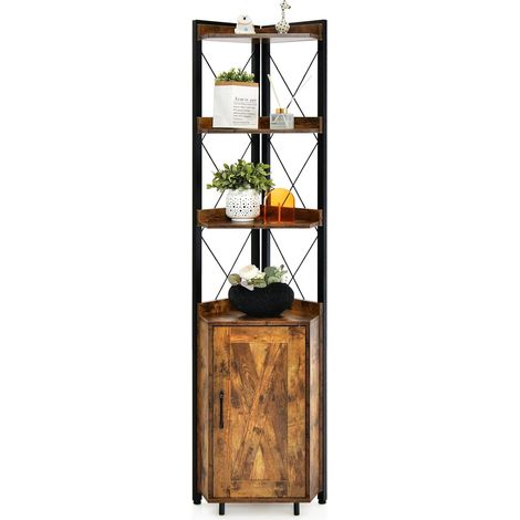 COSTWAY Eckregal stehend, 6 Ebene, mit Tür&Ablagen, Hochschrank schmal, Bücherregal 48x32x180cm (1/5)