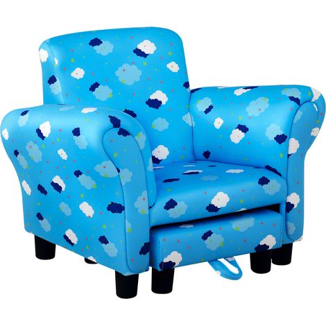 Toddler Chair Children's Armchairs Wood Frame w/ Footrest Anti-Slip Legs High Back Arms for Bedroom Playroom Cute Cloud Star Blue (1/5)