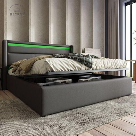Lit coffre LED 140x200cm - Lit adulte capitonné avec barre d'éclairage LED Avec télécommande + Sommier à Lattes + Tête de lit -Gris (1/5)