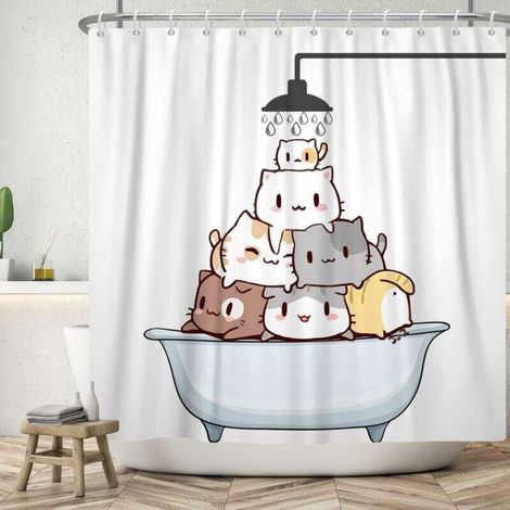 Cat Shower Curtain, Cartoon Cat in Bathtub Shower Curtain, Waterproof, Funny Animal Pets Shower Curtains, Washable MUMU (1/4)