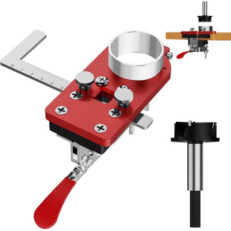 Bohrschablone für Topfscharniere, Topfband Bohrschablone mit Bohrer, Aluminium Scharnier Bohrschablone, für Topfbänder mit Topf-Ø 35 mm und Bohrlochabstand 45 mm (Rot) (1/5)