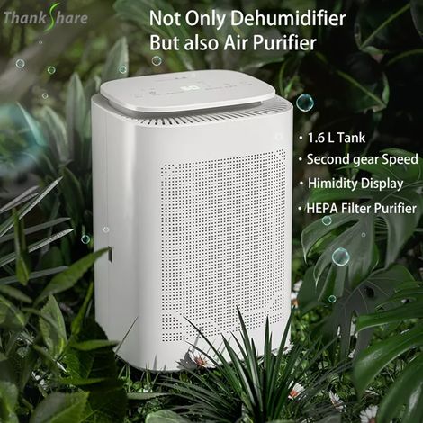 Déshumidificateur, purificateur d'air HEPA, capacité de 1,6 litre, déshumidificateur, séchoir à air, commande tactile intelligente avec minuterie. (1/5)