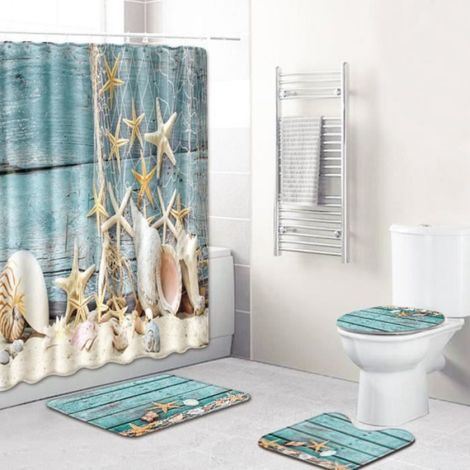Ensemble Salle De Bain - 4 Pièces - Rideau 180x180 Cm - Tapis 45x75 Cm - Coussin U 42x40 Cm - Couvercle O 38x39 Cm - Pour Salle De Bains (1/3)