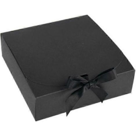 schwarze Pappschachteln mit Klappdeckel und Schleife, zum Verpacken von Geschenken wie Süßigkeiten, Keksen und Kuchen, kleine Packungsgröße.