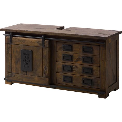 Massivmoebel24 – Armoire basse en bois de manguier huilé – Style industriel – 4 tiroirs et 2 étagères – Dimensions généreuses pour salle de bains