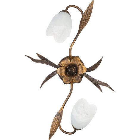 Plafonnier 2 lumières en métal marron avec nuances dorées et verres blancs satinés (1/5)