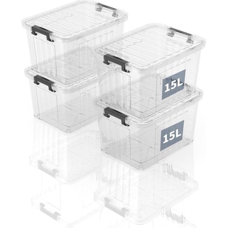 Caisses de rangement en plastique avec couvercle, boîtes de rangement rayées 15L, conteneur empilable pour maison et bureau, bac transparent en polypropylène, 15L (lot de 4) (1/5)