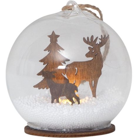 Leuchtende Glaskugel ,Fauna', Schneekugel mit braunen Holz-Rentieren, Batteriebetrieb, warmweiß, Ø 8cm (1/5)