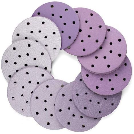 AIDUCHO 100 discos de lijado de 150 mm, discos abrasivos de grano 60, 80, 120, 150, 180, 240, 320, 400, 600 y 800, 17 agujeros, de lujo, duraderos, excelentes para lijado orbital aleatorio (morado). (1/5)