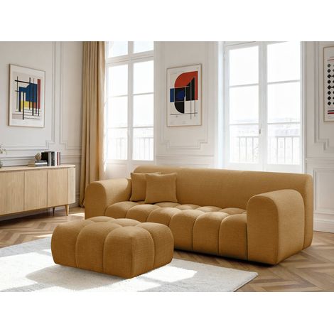 BOBOCHIC - Canapé droit fixe 3 places MELISSE tissu texturé avec pouf Jaune (1/5)