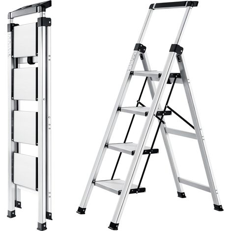 Escabeau 4 Marches, Aluminium Pliable Main Courante Rétractable Plateau amovible, marches antidérapantes, 150 kg, léger et robuste, pliage compact pour maison, ménage, rangement (1/5)