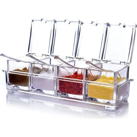 Étagère à épices transparente en forme d'éventail, pots à épices, ensemble de quatre boîtes à épices en acrylique (1/4)