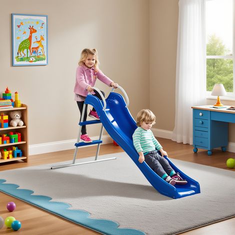 Toboggan enfant 1,8 m autoportant pour intérieur/extérieur, utilisable avec eau, structure acier bleu (1/5)