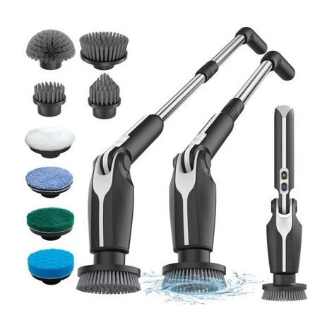 Brosse Électrique Nettoyage, 2026 Brosse Nettoyage sans Fil avec 8 Brosses Remplaçables, Télécommande, 2 Vitesses de Rotation et Longueur Réglable 38-132CM pour Salle de Bain/Cusine/Voiture (1/5)