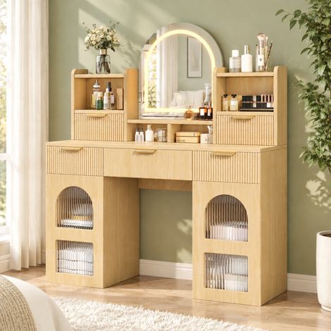 Tocador con Espejo LED, 3 Cajones, 2 Vitrinas con Baldas Regulables, para Dormitorio, MDF, Natural, 120×40×139.5 cm (1/5)