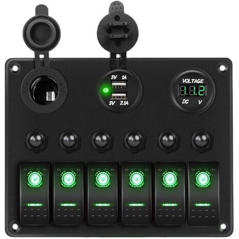 Panneau d'interrupteurs à bascule rétroéclairé vert 12 V/24 V LED, voltmètre numérique, double chargeur USB, prise allume-cigare, protection contre les surcharges, pour voiture, camping-car, bateau (1/5)