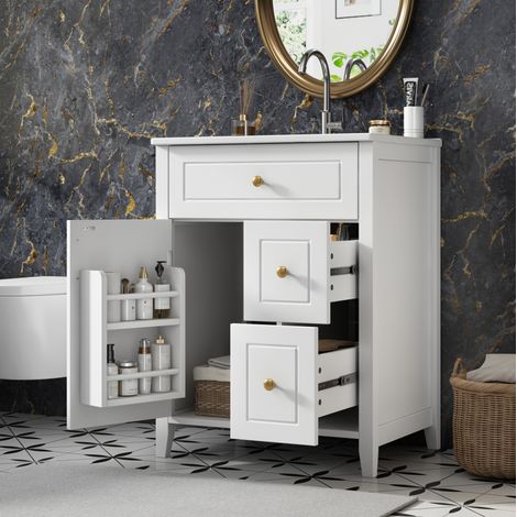 MODFU – Meuble sous vasque sur pied 61x47x87 cm MDF/céramique – Lavabo, tiroirs et porte – Fermeture douce et 50 kg – Salle de bains – Blanc (1/5)