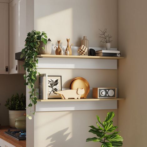 Ensemble de 2 étagères murales flottantes blanches et bois naturel – étagère d’appoint pour cuisine, salon, salle de bain, rangement déco (1/4)