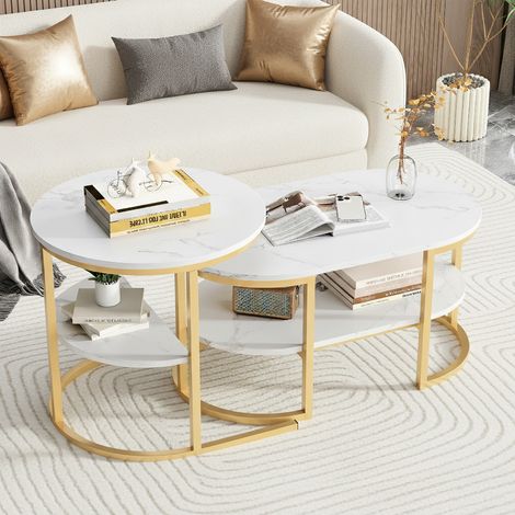 Lot de 2 tables basses avec espace de rangement table basse moderne ronde et rectangulaire aspect marbre cadre en métal table d'appoint pour salon et chambres (1/5)