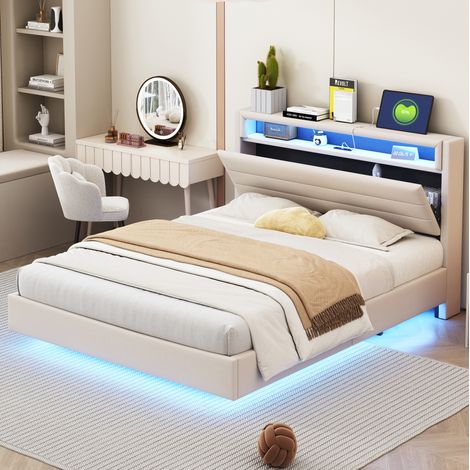 Lit double tapissé 140/200 cm beige en tissu effet lin avec tête de lit pivotante, LED et prise USB (1/5)