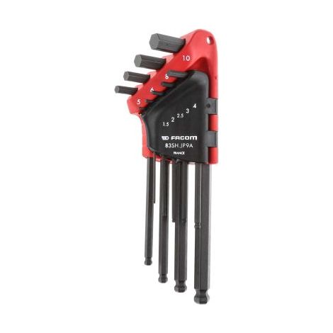 Facom – Jeu de clés mâles hexagonales coudées 9 pièces – Porte-outils compact avec clapet – Tailles 1,5 à 10 mm – Pour espaces confinés