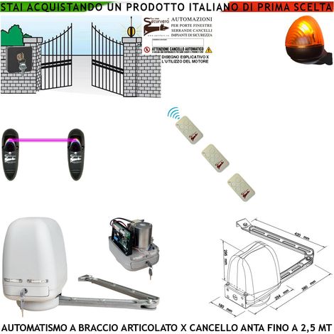 CANCELLO ELETTRICO KIT MOTORE A BRACCIO ARTICOLATO 220/24 V ANTA BATTENTE DA 0,5 A 2,5 MT CENTRALE 3 RADIOCOMANDI FARO SELETTORE FOTOCELLULE (1/4)