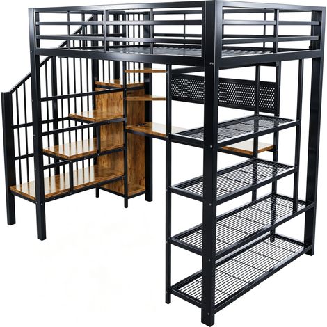 GagaLit mezzanine 140 x 200 cm, bureau, panneau perforé, prises, LED, noir (1/5)