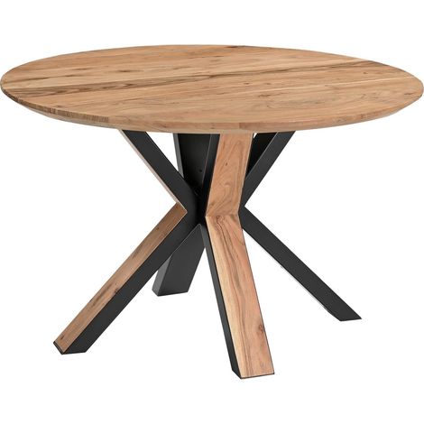 Runder Esszimmertisch Akazie naturfarben Schweizer Kante 105 cm Spider-Gestell schwarz aus Metall + Holz KIMBERLY (1/5)