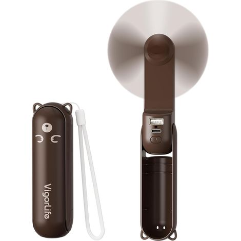 Handventilator, Mini Portatif 3-en-1 Ventilateur Akku Aufladbar Tragbarer USB Ventilator Klein mit Powerbank Taschenlampen Funktion, Pliable de Poche pour Voyage, Urgence Extérieure (Brun) (1/5)