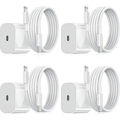 【BEMS】Chargeur iPhone - Chargeur rapide - Adaptateur + câble 20 W USB-C Blanc - Lot de 4 pour iPhone (NT) (1/5)