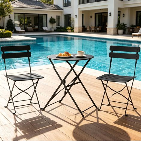 Klappbares Bistro-Set aus schwarzem Metall, runder Tisch Ø 58 cm und 2 Stühle OKWISH (1/5)