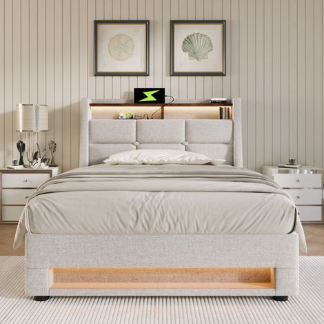 Lit coffre 90x200 cm en lin beige avec LED, USB et sommier à lattes (matelas en option) (1/5)