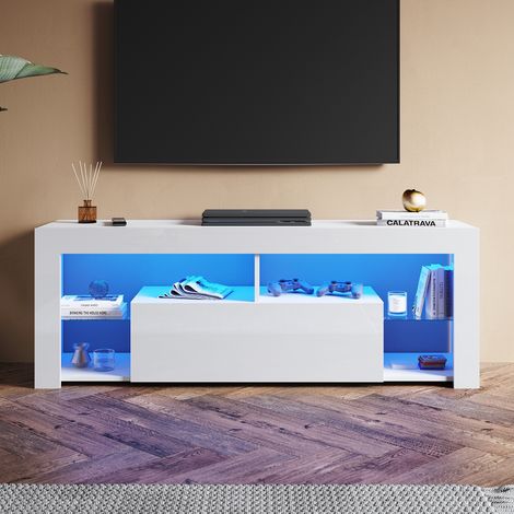SONNI Modern TV Schrank mit LED-Lichtern, Offenes Glasregal und Herunterklappbarem Türfach, Geeignet für Wohnzimmer und Schlafzimmer, Weiß, 1400 x 350 x 505 mm (1/5)