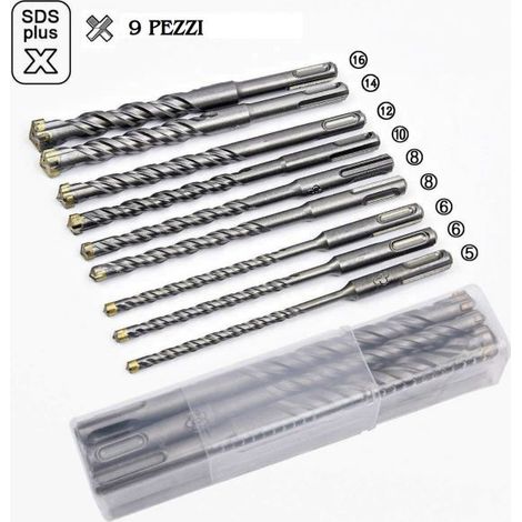 Punte X Trapano, 9 Pcs SDS PLUS 4 TAGLI X MURATURA CALCESTRUZZO MURI (1/5)
