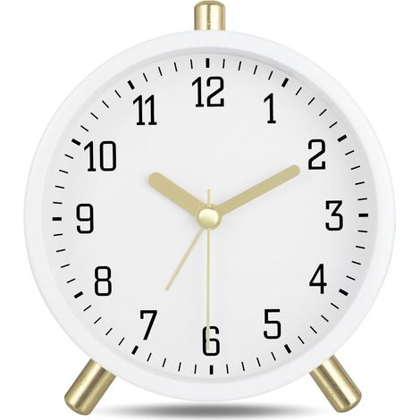 Lautloser analoger Wecker aus Metall mit Nachtlicht, modern-klassisch weiß, schlichter Tischwecker für Schlafzimmer oder Nachttisch, 11 cm