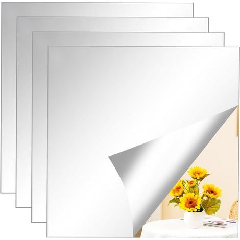 Lot de 4 Miroirs Autocollants 20x20cm, Miroir Mural Adhésif Acrylique Incassable, sans Cadre, Stickers Miroir pour Salle de Bain Chambre Salon Couloir Décoration Murale (1/5)