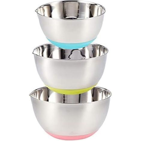 Bol Inox 3 Pièces Bol à Mélanger en Acier Inoxydable, Saladier avec Bec Verseur et Base en Silicone Antidérapante,1.5L,3L,5L Bol (1/5)