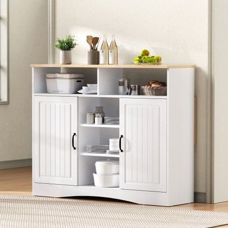 Îlot de cuisine sur roulettes 110 x 34-68 x 97,5 cm avec 2 tabourets, plateau rabattable, rangements, blanc (1/5)