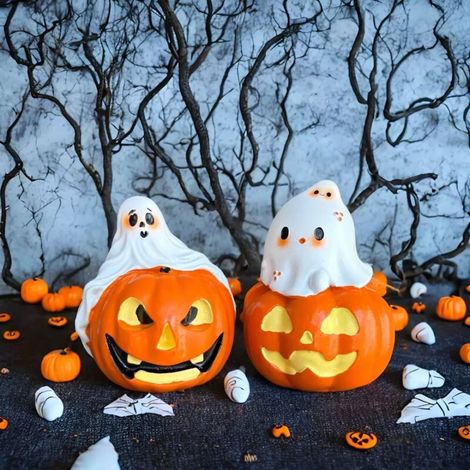 Set di 2 piccoli fantasmi di Halloween - Decorazioni di zucca Tina - Decorazioni creative per feste - Articoli decorativi per la casa e l'ufficio - Statuina di zucca di Halloween - Decorazioni (1/4)