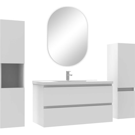 Ocean ensemble meubles Salle de Bain 100cm vasque + colonne + miroir ovale mural Blanc (1/4)