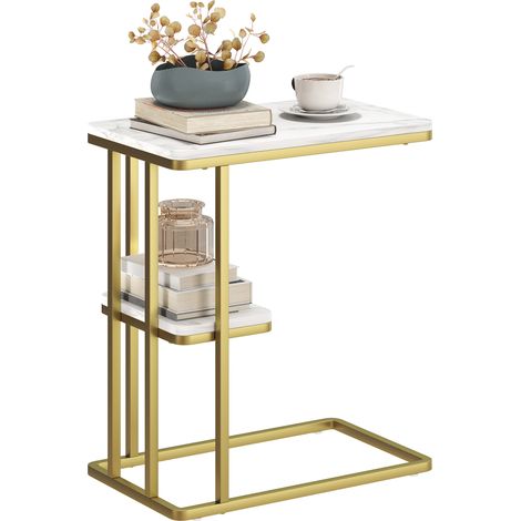 C-Shaped Slim Side Table with 2 Tiers,Compact Nightstand for Small Spaces,Modern White Marble Design for Living Room or Bedroom