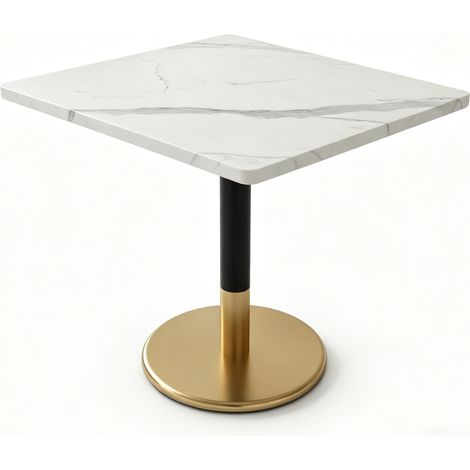Tavolo da pranzo rettangolare 2 posti in MDF effetto marmo bianco, metallo nero e base oro (1/5)