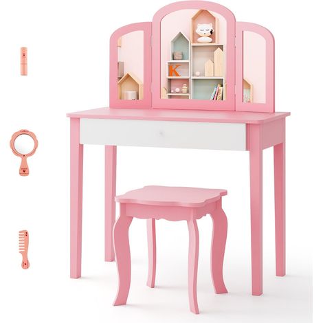 Set toeletta e sgabello 70 x 34 x 95,5 cm specchio pieghevole pratico contenitore stile principessa MDF rosa e bianco 200019467
