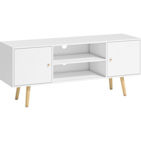 Meuble TV scandinave 2 portes 2 compartiments avec passe-fils, piètement en pin massif et panneaux blancs - 120 x 34 x 50 cm (1/5)