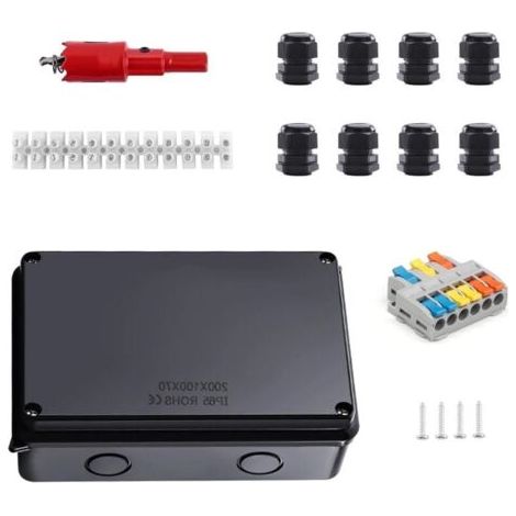 Boîte de Dérivation IP65 Noir 200x100x70mm - Étanche pour Caves/Garages - Bornes Incluses - Adaptée Câbles 12-16mm - Accessoires de Montage - Protection Humidité