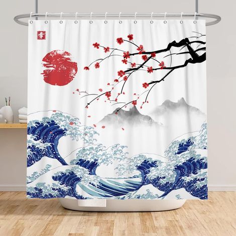 1 Rideau de douche, 140x180cm, polyester imperméable, motif Mont Fuji, pour salle de bain