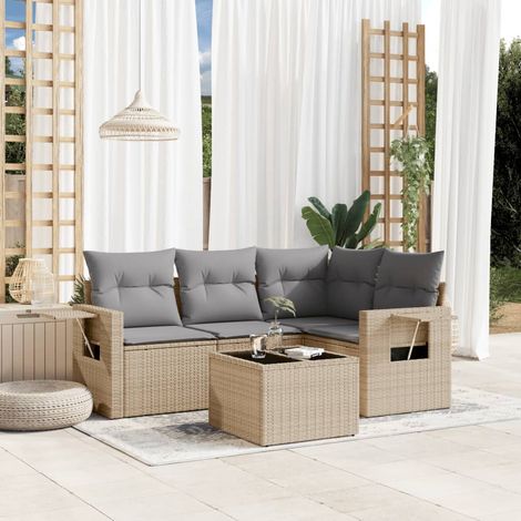 5-tlg. Garten-Sofagarnitur mit Kissen Beige Poly Rattan (1/3)